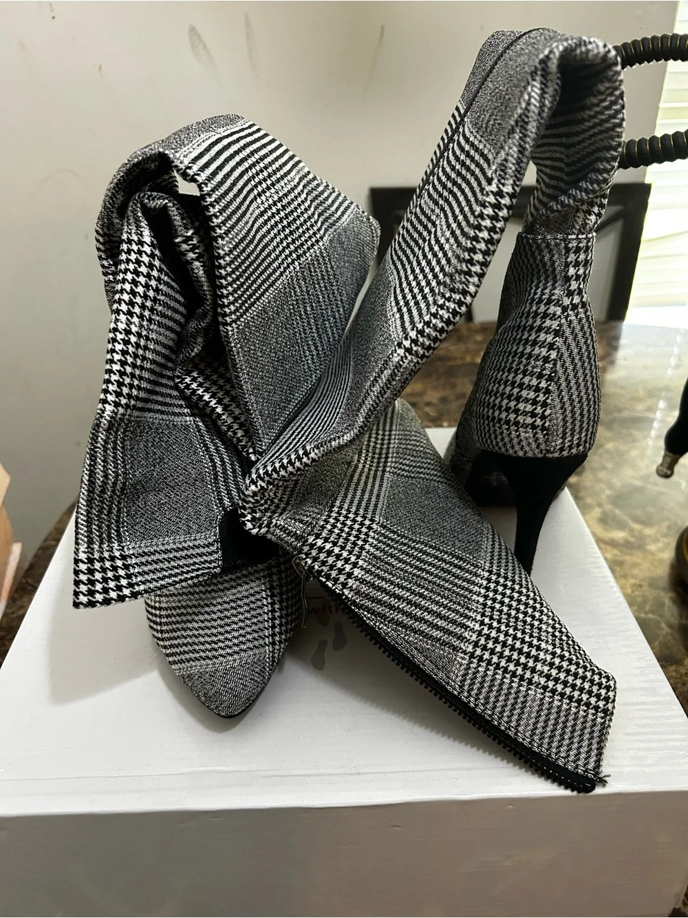 Black & White Houndstooth Knee Boots
